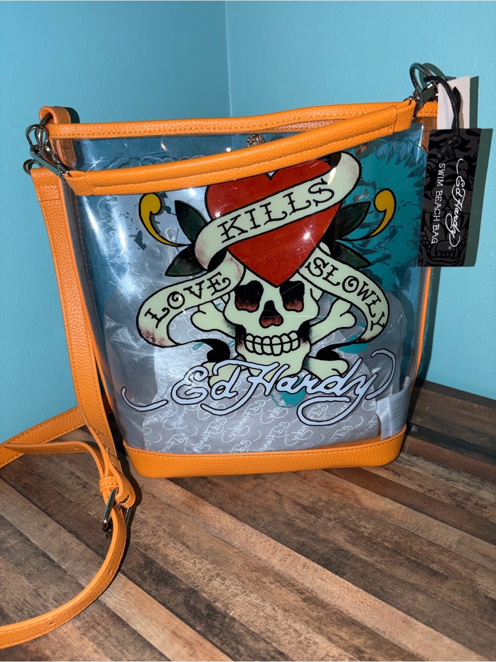 Ed Hardy Clear Crossbody Bag with Orange Trim and Red Heart Graphic NWT